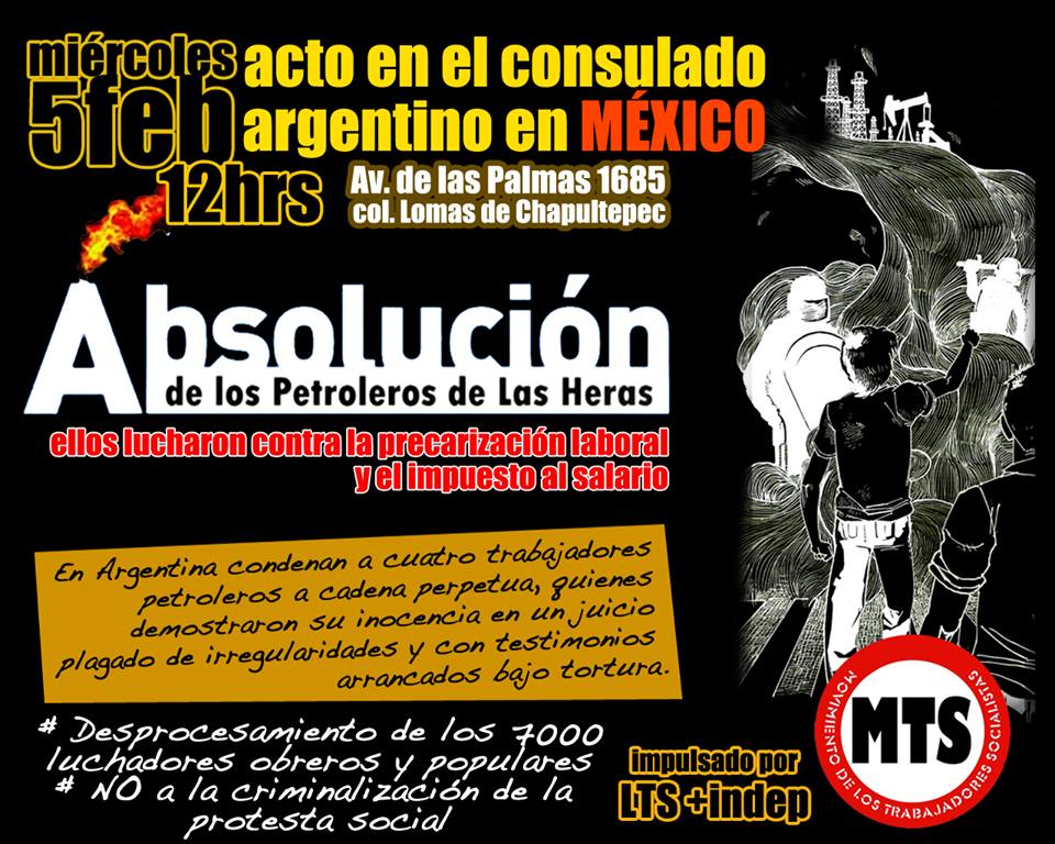 Mitin por la absolución de los trabajadores petroleros de Las Heras, Argentina